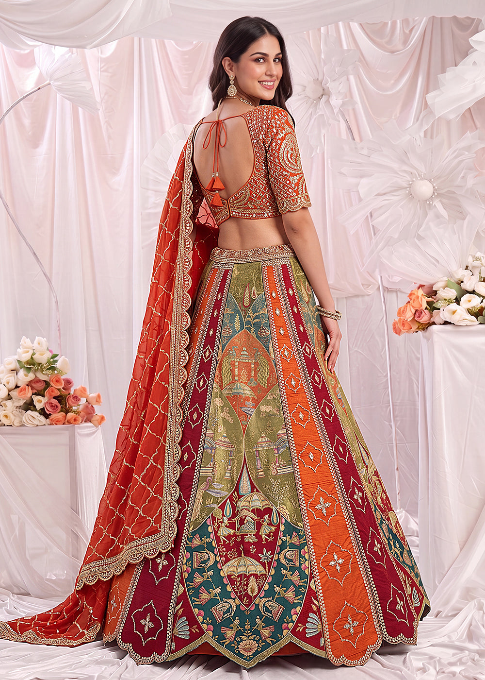 Buy Now Multi Orange Color Multi Thread Work Bridal Lehenga Choli Online in US, UK, Canada, France, Italy, Germany, Sweden, Austria, UAE &amp; Worldwide at Empress.