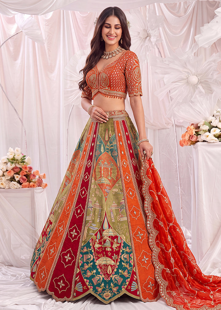 Buy Now Multi Orange Color Multi Thread Work Bridal Lehenga Choli Online in US, UK, Canada, France, Italy, Germany, Sweden, Austria, UAE &amp; Worldwide at Empress.