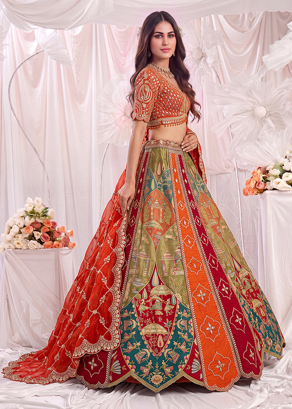 Buy Now Multi Orange Color Multi Thread Work Bridal Lehenga Choli Online in US, UK, Canada, France, Italy, Germany, Sweden, Austria, UAE &amp; Worldwide at Empress.