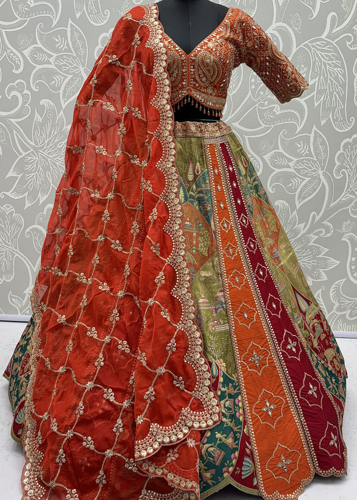 Buy Now Multi Orange Color Multi Thread Work Bridal Lehenga Choli Online in US, UK, Canada, France, Italy, Germany, Sweden, Austria, UAE &amp; Worldwide at Empress.