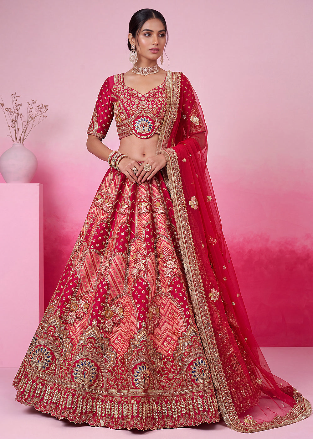 Buy Now Pink Hand Crafted Mirror Traditional Bridal Lehenga Choli Online in US, UK, Canada, France, Italy, Germany, Sweden, Austria, UAE &amp; Worldwide at Empress.