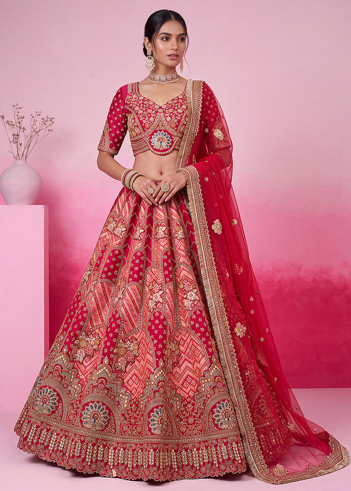 Buy Now Pink Hand Crafted Mirror Traditional Bridal Lehenga Choli Online in US, UK, Canada, France, Italy, Germany, Sweden, Austria, UAE &amp; Worldwide at Empress.