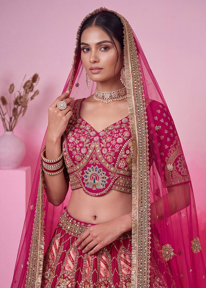 Buy Now Pink Hand Crafted Mirror Traditional Bridal Lehenga Choli Online in US, UK, Canada, France, Italy, Germany, Sweden, Austria, UAE &amp; Worldwide at Empress.