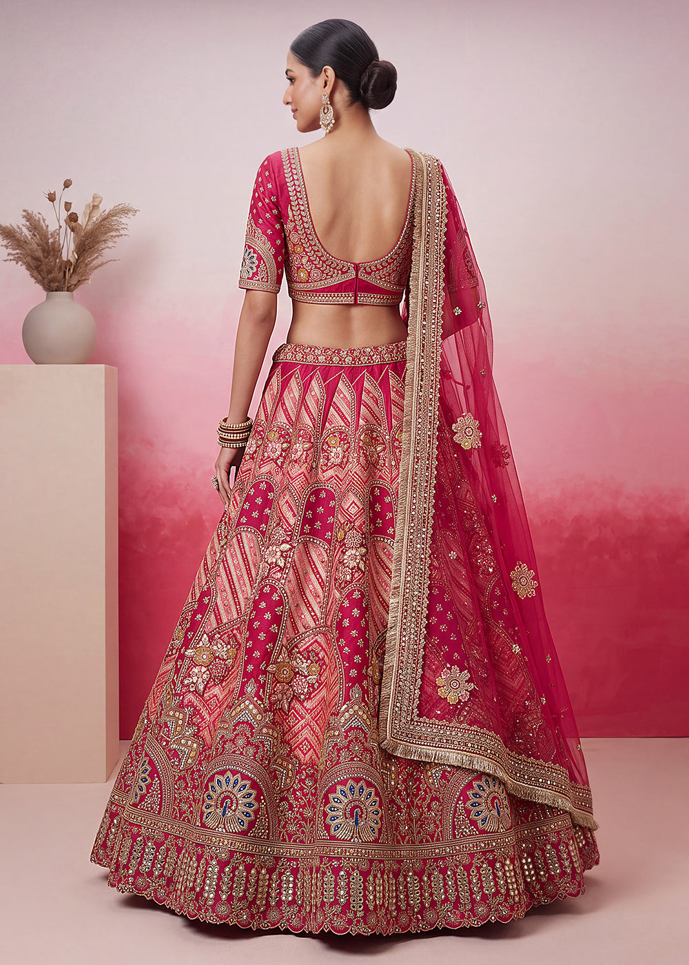 Buy Now Pink Hand Crafted Mirror Traditional Bridal Lehenga Choli Online in US, UK, Canada, France, Italy, Germany, Sweden, Austria, UAE &amp; Worldwide at Empress.