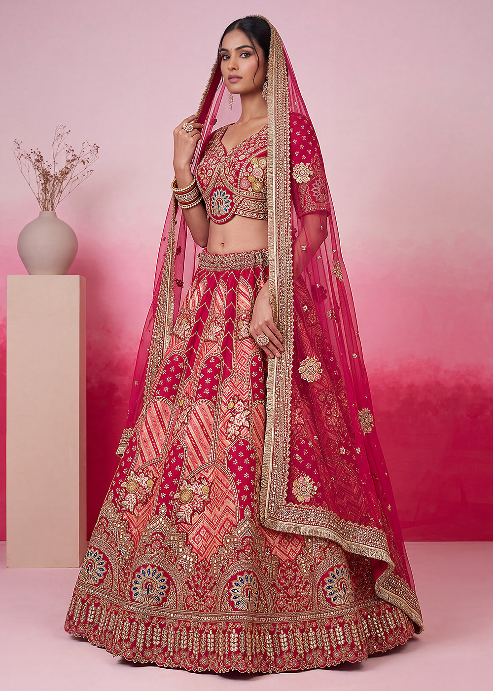 Buy Now Pink Hand Crafted Mirror Traditional Bridal Lehenga Choli Online in US, UK, Canada, France, Italy, Germany, Sweden, Austria, UAE &amp; Worldwide at Empress.