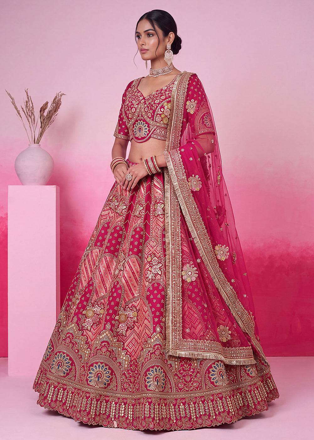 Buy Now Pink Hand Crafted Mirror Traditional Bridal Lehenga Choli Online in US, UK, Canada, France, Italy, Germany, Sweden, Austria, UAE &amp; Worldwide at Empress.