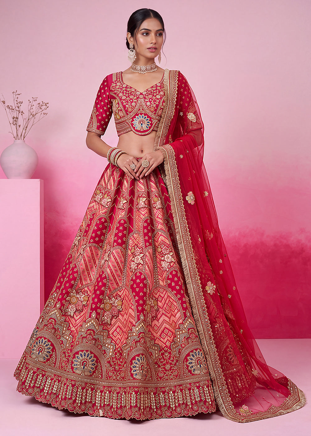 Buy Now Pink Hand Crafted Mirror Traditional Bridal Lehenga Choli Online in US, UK, Canada, France, Italy, Germany, Sweden, Austria, UAE &amp; Worldwide at Empress.