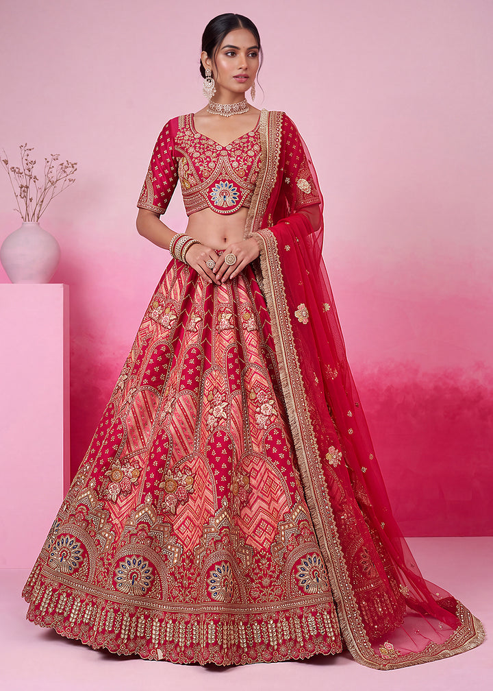Buy Now Pink Hand Crafted Mirror Traditional Bridal Lehenga Choli Online in US, UK, Canada, France, Italy, Germany, Sweden, Austria, UAE &amp; Worldwide at Empress.
