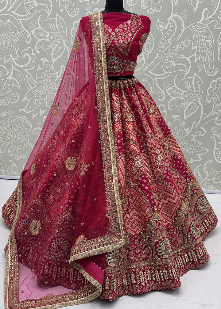 Buy Now Pink Hand Crafted Mirror Traditional Bridal Lehenga Choli Online in US, UK, Canada, France, Italy, Germany, Sweden, Austria, UAE &amp; Worldwide at Empress.