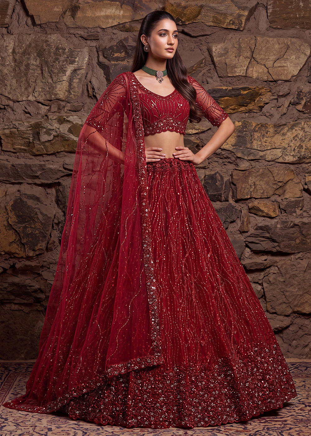 Buy Now Red Premium Heavy Embroidered Bridal Lehanga Choli Online in US, UK, Canada, France, Italy, Germany, Sweden, Austria, UAE &amp; Worldwide at Empress.
