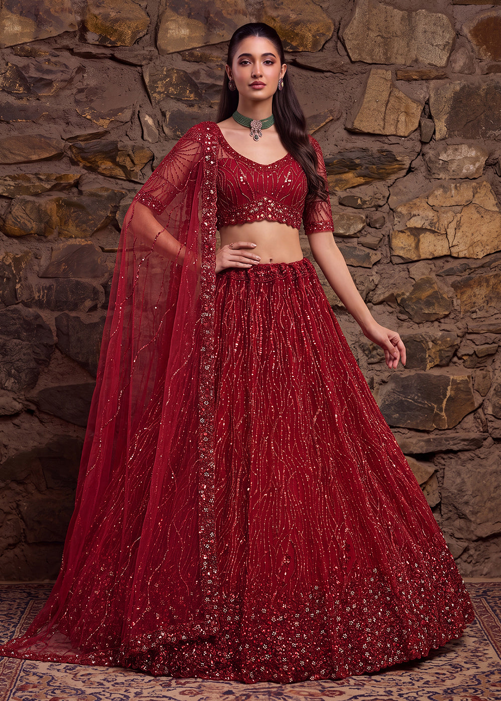 Buy Now Red Premium Heavy Embroidered Bridal Lehanga Choli Online in US, UK, Canada, France, Italy, Germany, Sweden, Austria, UAE &amp; Worldwide at Empress.