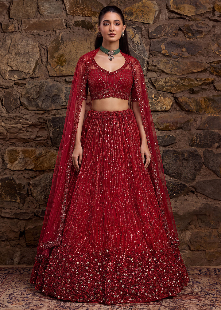 Buy Now Red Premium Heavy Embroidered Bridal Lehanga Choli Online in US, UK, Canada, France, Italy, Germany, Sweden, Austria, UAE &amp; Worldwide at Empress.