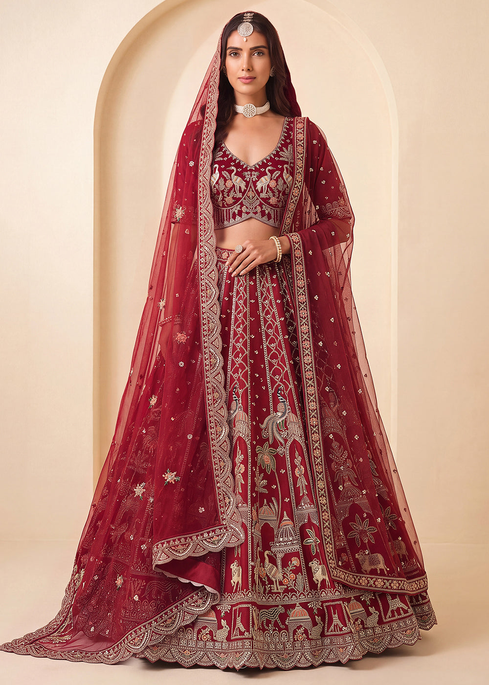 Buy Now Red Shikar Bagh Intricate Handwork Bridal Lehenga Choli Online in US, UK, Canada, France, Italy, Germany, Sweden, Austria, UAE & Worldwide at Empress.