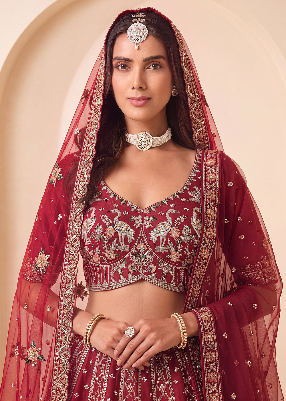 Buy Now Red Shikar Bagh Intricate Handwork Bridal Lehenga Choli Online in US, UK, Canada, France, Italy, Germany, Sweden, Austria, UAE & Worldwide at Empress.