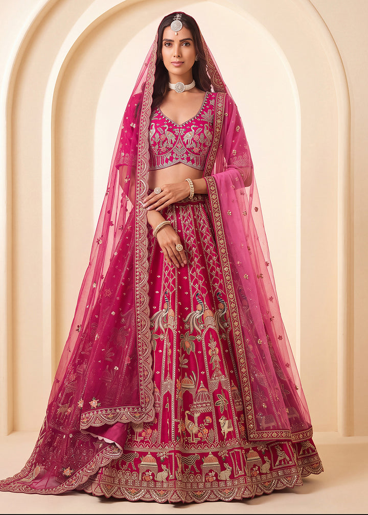 Buy Now Pink Shikar Bagh Intricate Handwork Bridal Lehenga Choli Online in US, UK, Canada, France, Italy, Germany, Sweden, Austria, UAE &amp; Worldwide at Empress.
