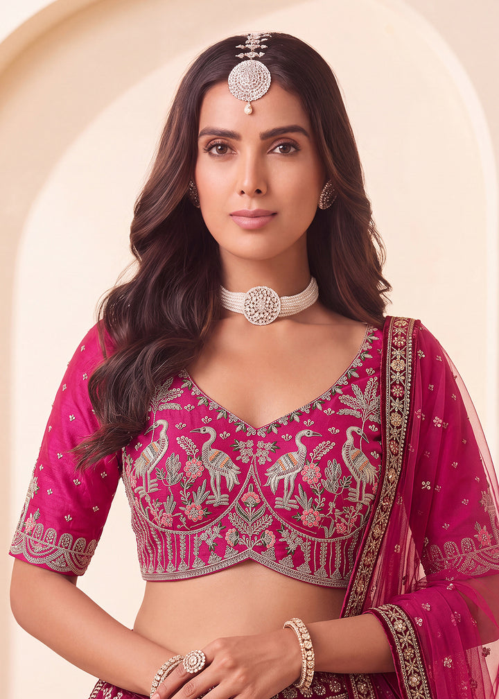 Buy Now Pink Shikar Bagh Intricate Handwork Bridal Lehenga Choli Online in US, UK, Canada, France, Italy, Germany, Sweden, Austria, UAE &amp; Worldwide at Empress.