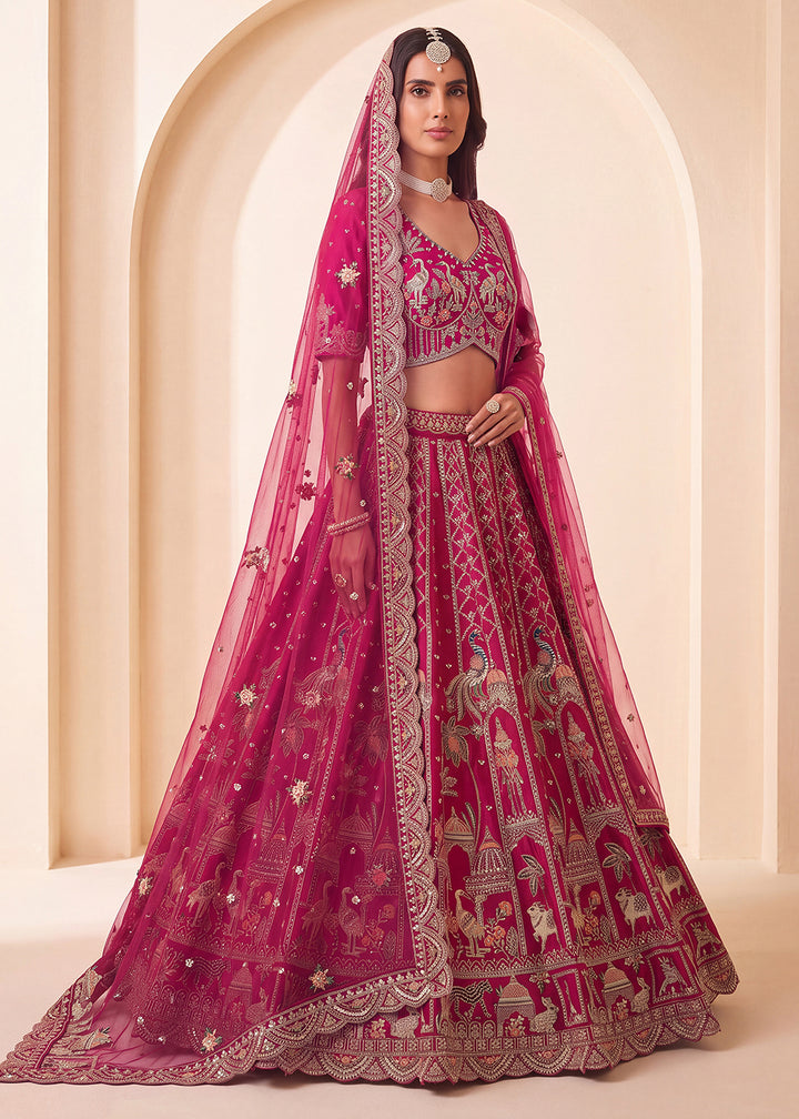 Buy Now Pink Shikar Bagh Intricate Handwork Bridal Lehenga Choli Online in US, UK, Canada, France, Italy, Germany, Sweden, Austria, UAE &amp; Worldwide at Empress.