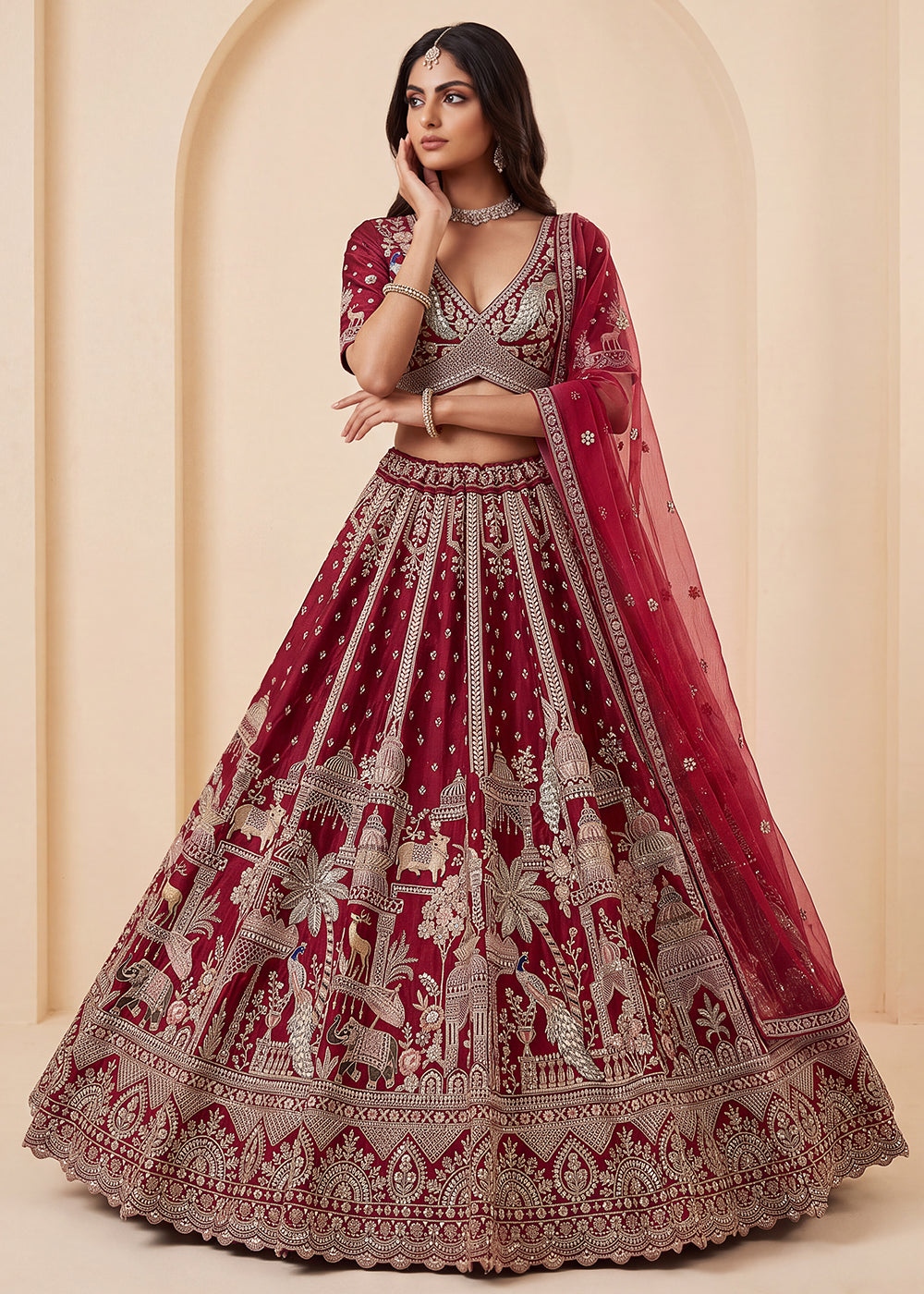 Buy Now Maroon Heavy Cutdana &amp; Dori Embroidered Bridal Lehenga Choli Online in US, UK, Canada, France, Italy, Germany, Sweden, Austria &amp; Worldwide at Empress.