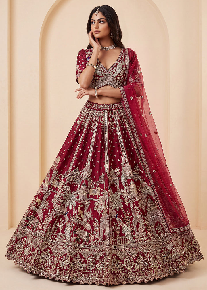 Buy Now Maroon Heavy Cutdana &amp; Dori Embroidered Bridal Lehenga Choli Online in US, UK, Canada, France, Italy, Germany, Sweden, Austria &amp; Worldwide at Empress.