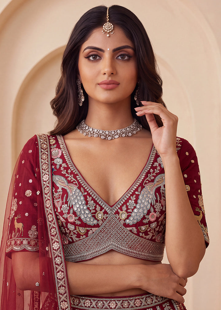 Buy Now Maroon Heavy Cutdana &amp; Dori Embroidered Bridal Lehenga Choli Online in US, UK, Canada, France, Italy, Germany, Sweden, Austria &amp; Worldwide at Empress.