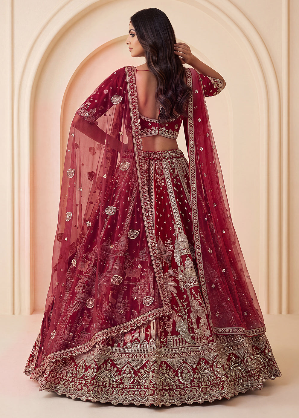 Buy Now Maroon Heavy Cutdana &amp; Dori Embroidered Bridal Lehenga Choli Online in US, UK, Canada, France, Italy, Germany, Sweden, Austria &amp; Worldwide at Empress.