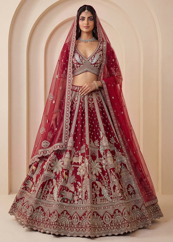 Buy Now Maroon Heavy Cutdana &amp; Dori Embroidered Bridal Lehenga Choli Online in US, UK, Canada, France, Italy, Germany, Sweden, Austria &amp; Worldwide at Empress.