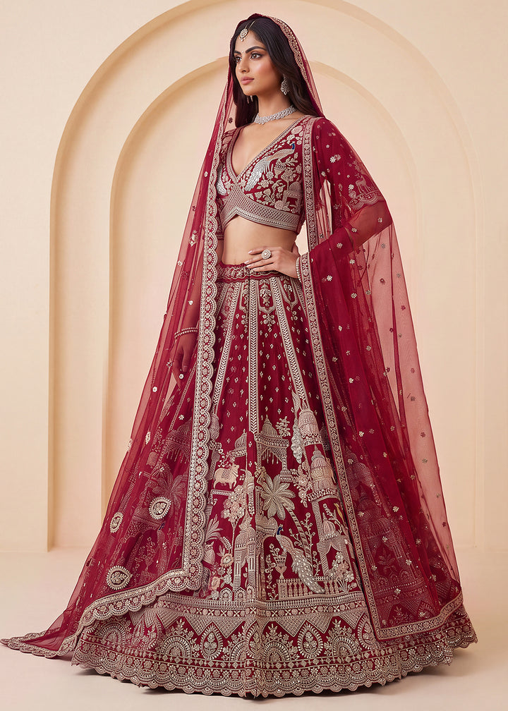 Buy Now Maroon Heavy Cutdana &amp; Dori Embroidered Bridal Lehenga Choli Online in US, UK, Canada, France, Italy, Germany, Sweden, Austria &amp; Worldwide at Empress.