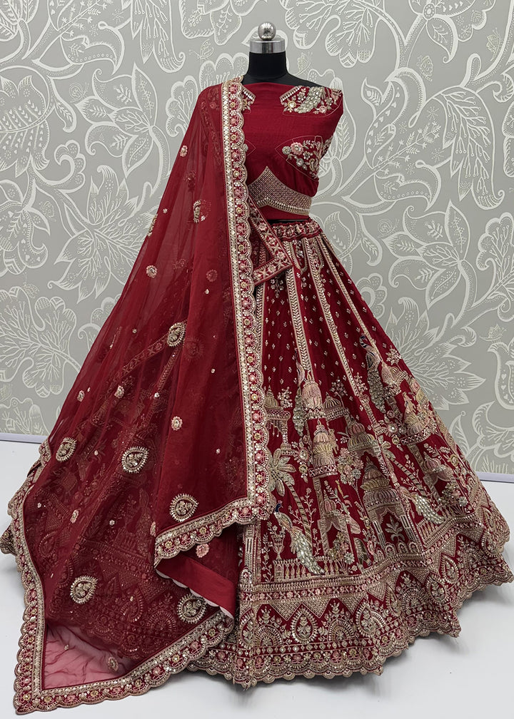 Buy Now Maroon Heavy Cutdana &amp; Dori Embroidered Bridal Lehenga Choli Online in US, UK, Canada, France, Italy, Germany, Sweden, Austria &amp; Worldwide at Empress.