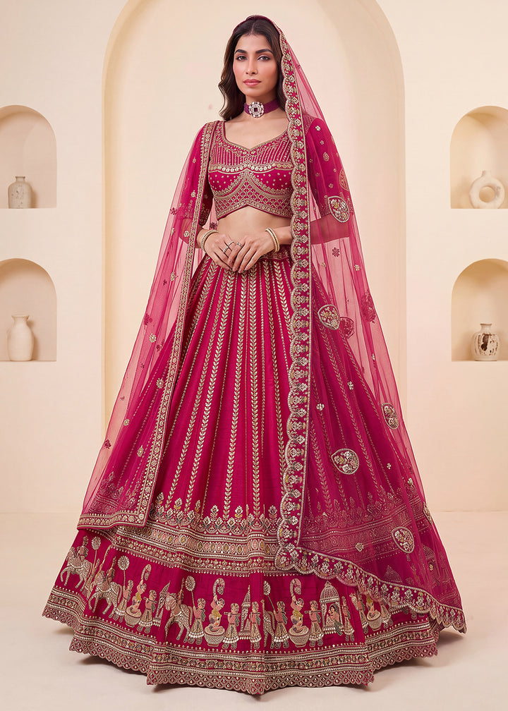 Buy Now Pink Baraat Style Embroidery Designer Bridal Lehenga Choli Online in US, UK, Canada, France, Italy, Germany, Sweden, Austria, UAE &amp; Worldwide at Empress.