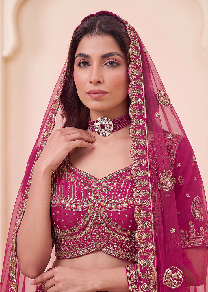 Buy Now Pink Baraat Style Embroidery Designer Bridal Lehenga Choli Online in US, UK, Canada, France, Italy, Germany, Sweden, Austria, UAE &amp; Worldwide at Empress.
