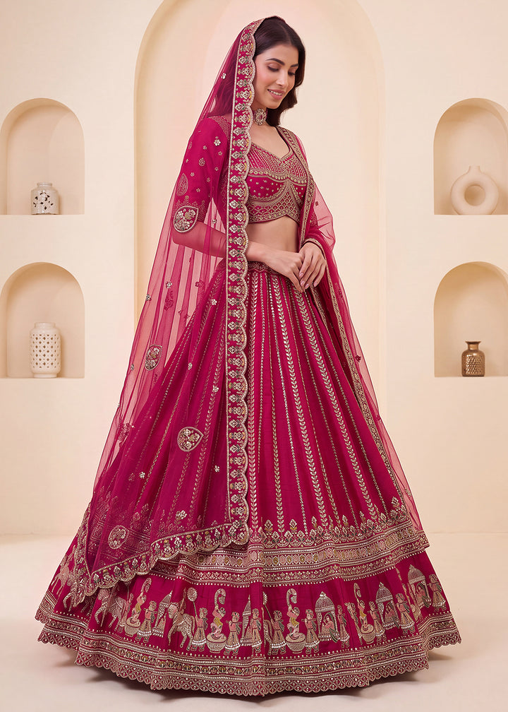 Buy Now Pink Baraat Style Embroidery Designer Bridal Lehenga Choli Online in US, UK, Canada, France, Italy, Germany, Sweden, Austria, UAE &amp; Worldwide at Empress.