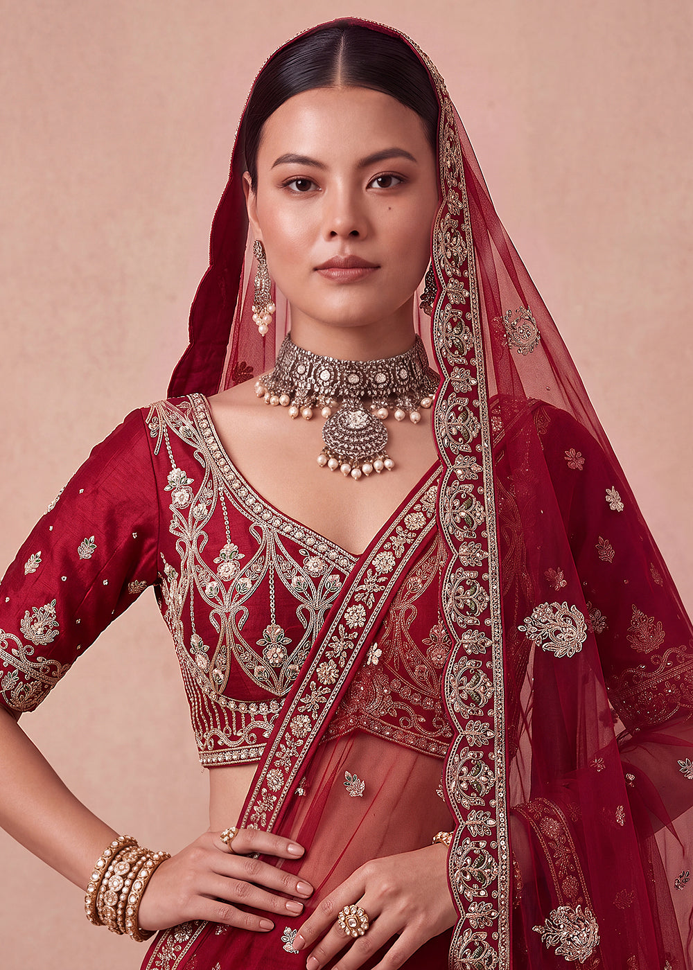 Buy Now Breathtaking Maroon Designer Maharani Bridal Lehenga Choli Online in US, UK, Canada, France, Italy, Germany, Sweden, Austria, UAE & Worldwide at Empress.