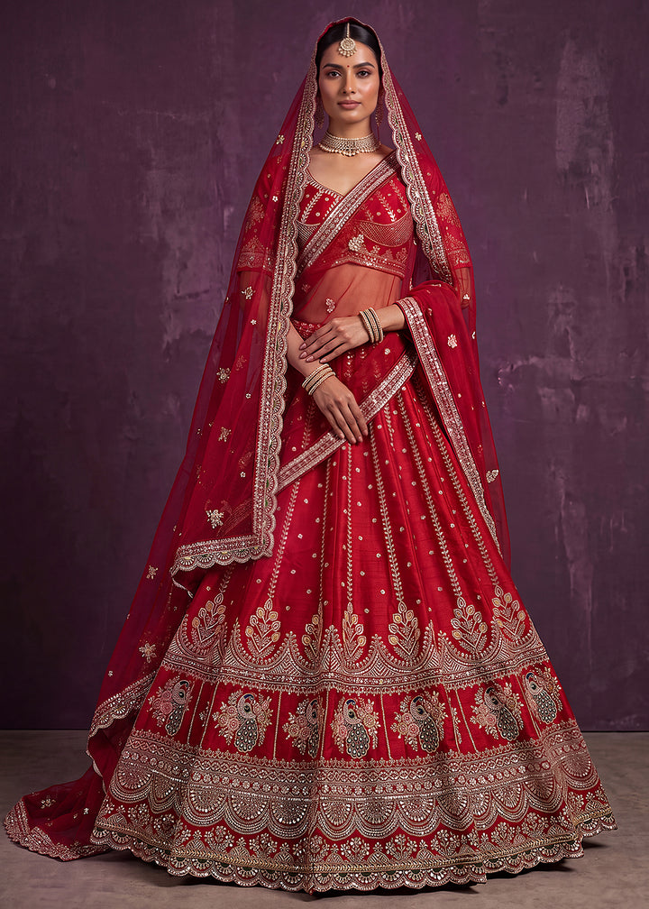 Buy Now Pink Motif and Crystal Beads Work Bridal Lehenga Choli Online in US, UK, Canada, France, Italy, Germany, Sweden, Switzerland, UAE &amp; Worldwide at Empress.