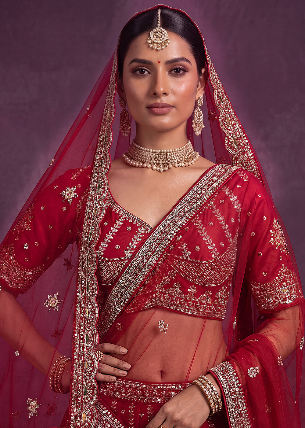 Buy Now Pink Motif and Crystal Beads Work Bridal Lehenga Choli Online in US, UK, Canada, France, Italy, Germany, Sweden, Switzerland, UAE & Worldwide at Empress.