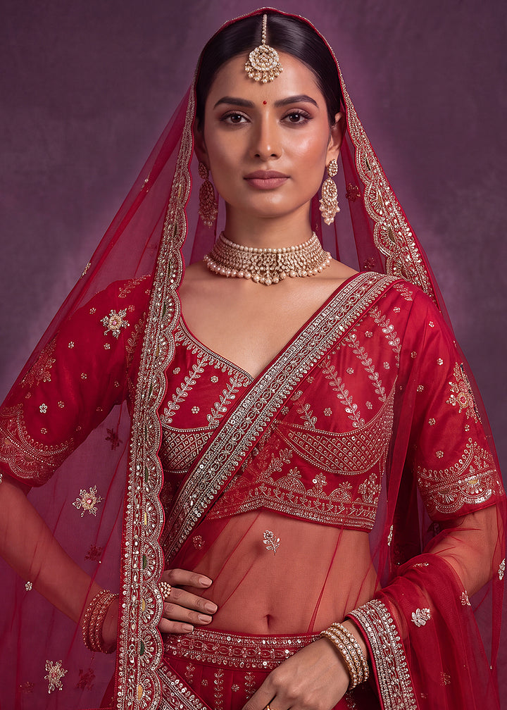 Buy Now Pink Motif and Crystal Beads Work Bridal Lehenga Choli Online in US, UK, Canada, France, Italy, Germany, Sweden, Switzerland, UAE &amp; Worldwide at Empress.