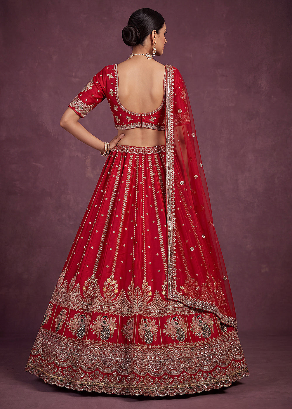 Buy Now Pink Motif and Crystal Beads Work Bridal Lehenga Choli Online in US, UK, Canada, France, Italy, Germany, Sweden, Switzerland, UAE &amp; Worldwide at Empress.
