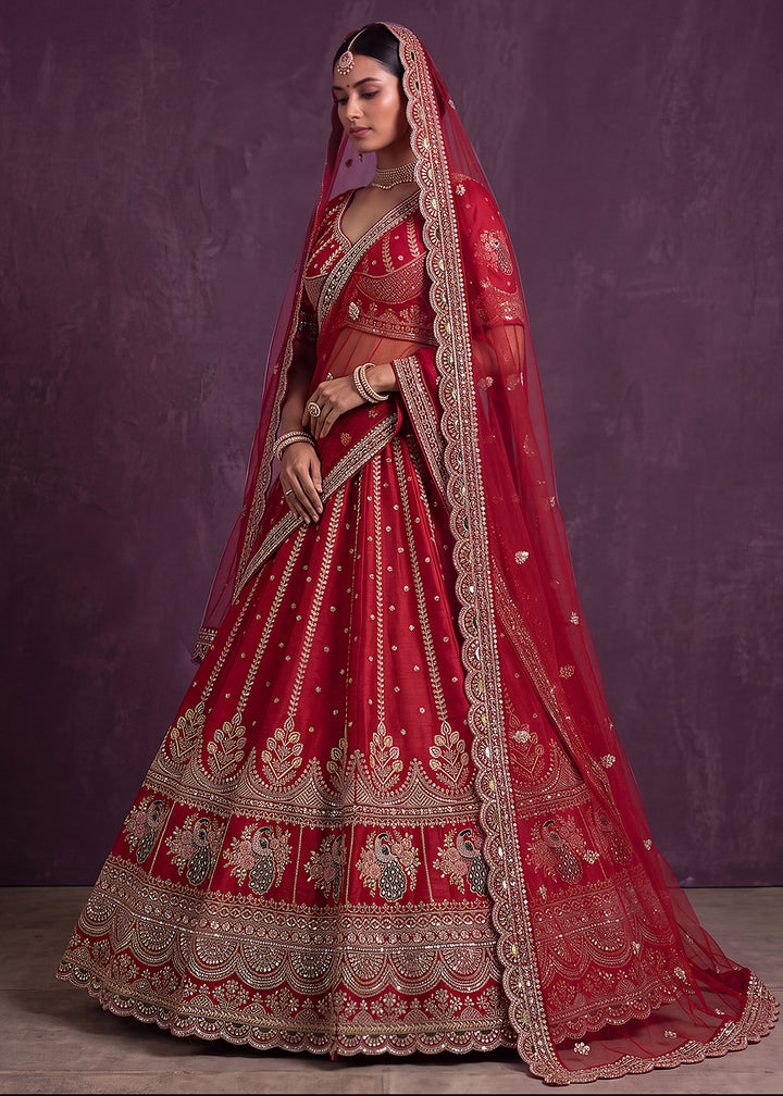 Buy Now Pink Motif and Crystal Beads Work Bridal Lehenga Choli Online in US, UK, Canada, France, Italy, Germany, Sweden, Switzerland, UAE &amp; Worldwide at Empress.