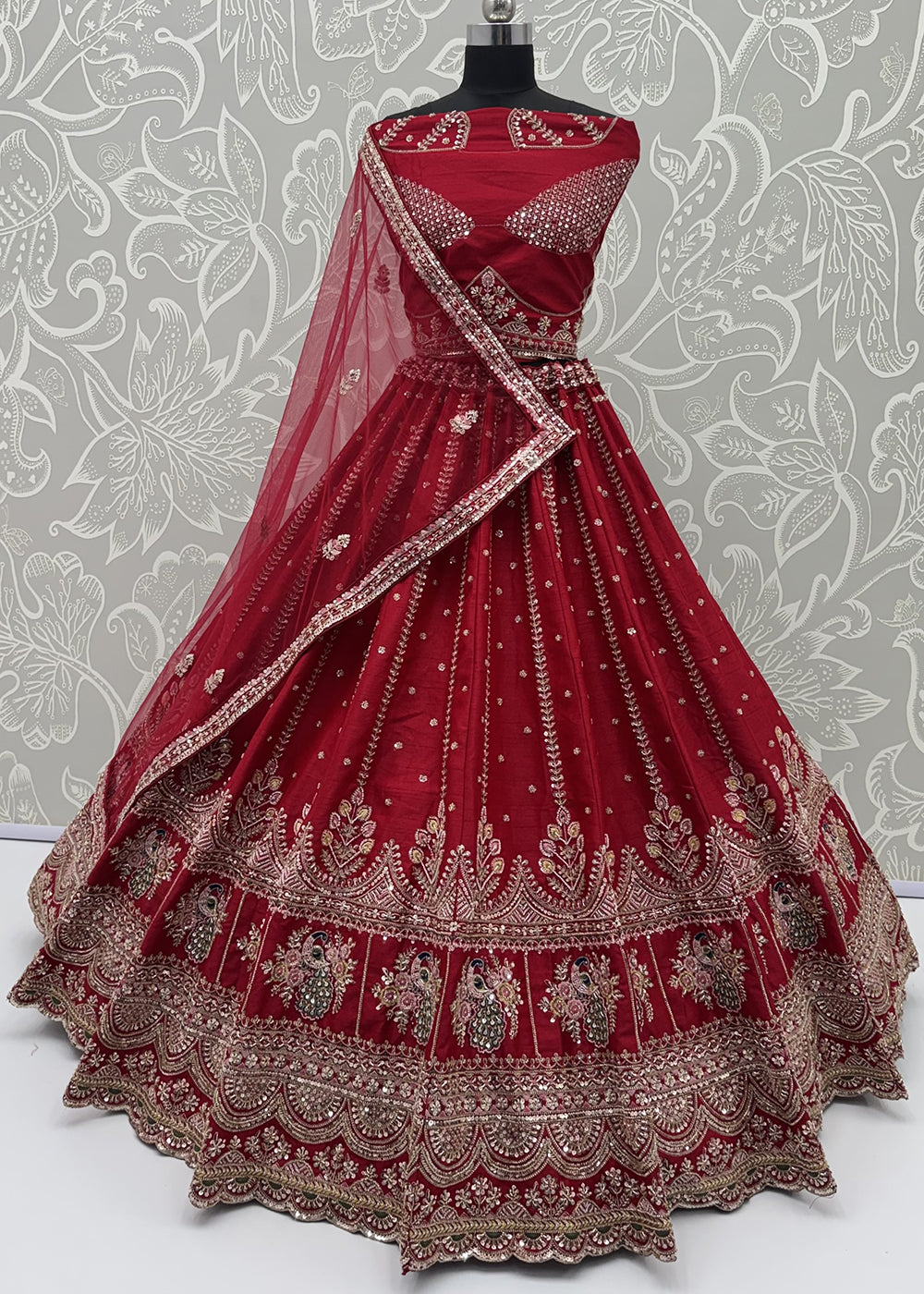 Buy Now Pink Motif and Crystal Beads Work Bridal Lehenga Choli Online in US, UK, Canada, France, Italy, Germany, Sweden, Switzerland, UAE &amp; Worldwide at Empress.
