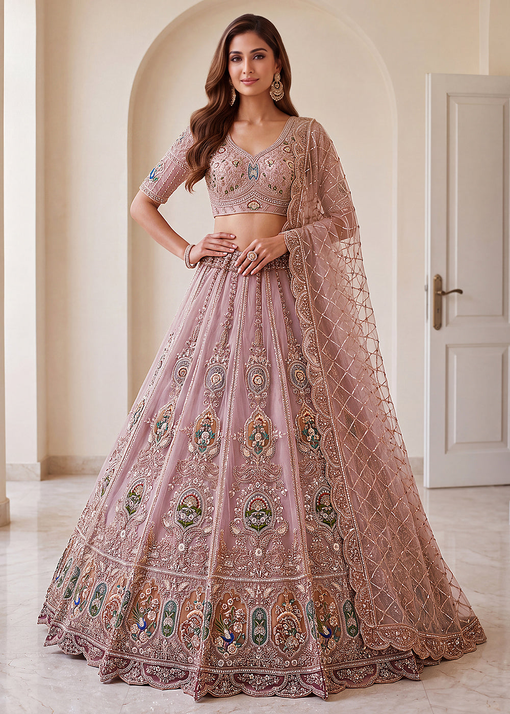 Buy Now Appealing Mauve Net Heavy Embroidered Bridal Lehenga Choli Online in US, UK, Canada, France, Italy, Germany, Sweden, Austria &amp; Worldwide at Empress.
