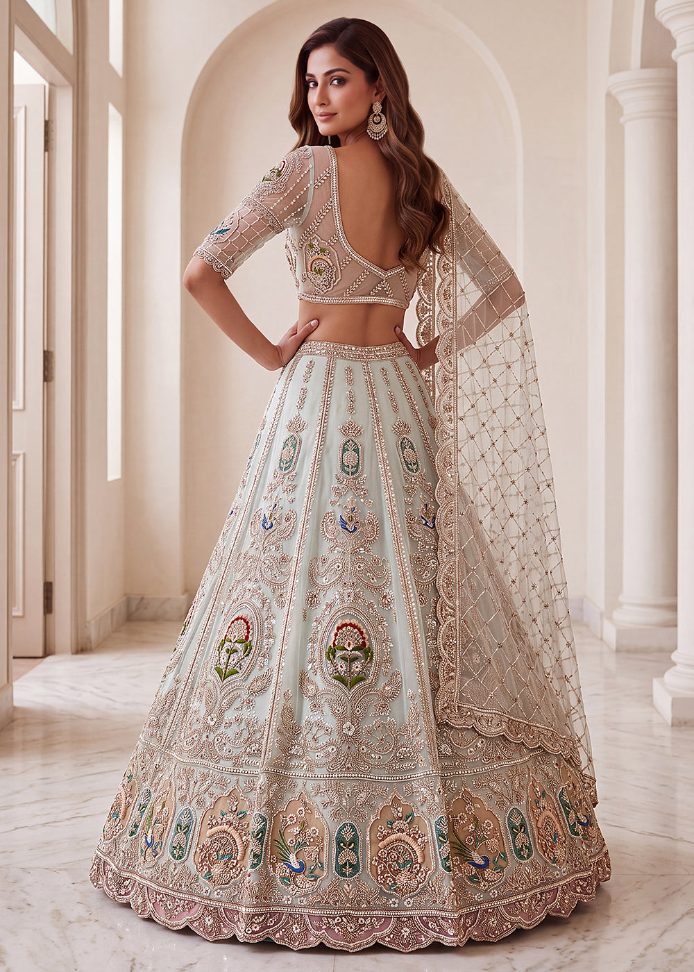 Buy Now Appealing Blue Net Heavy Embroidered Bridal Lehenga Choli Online in US, UK, Canada, France, Italy, Germany, Sweden, Austria, UAE &amp; Worldwide at Empress.