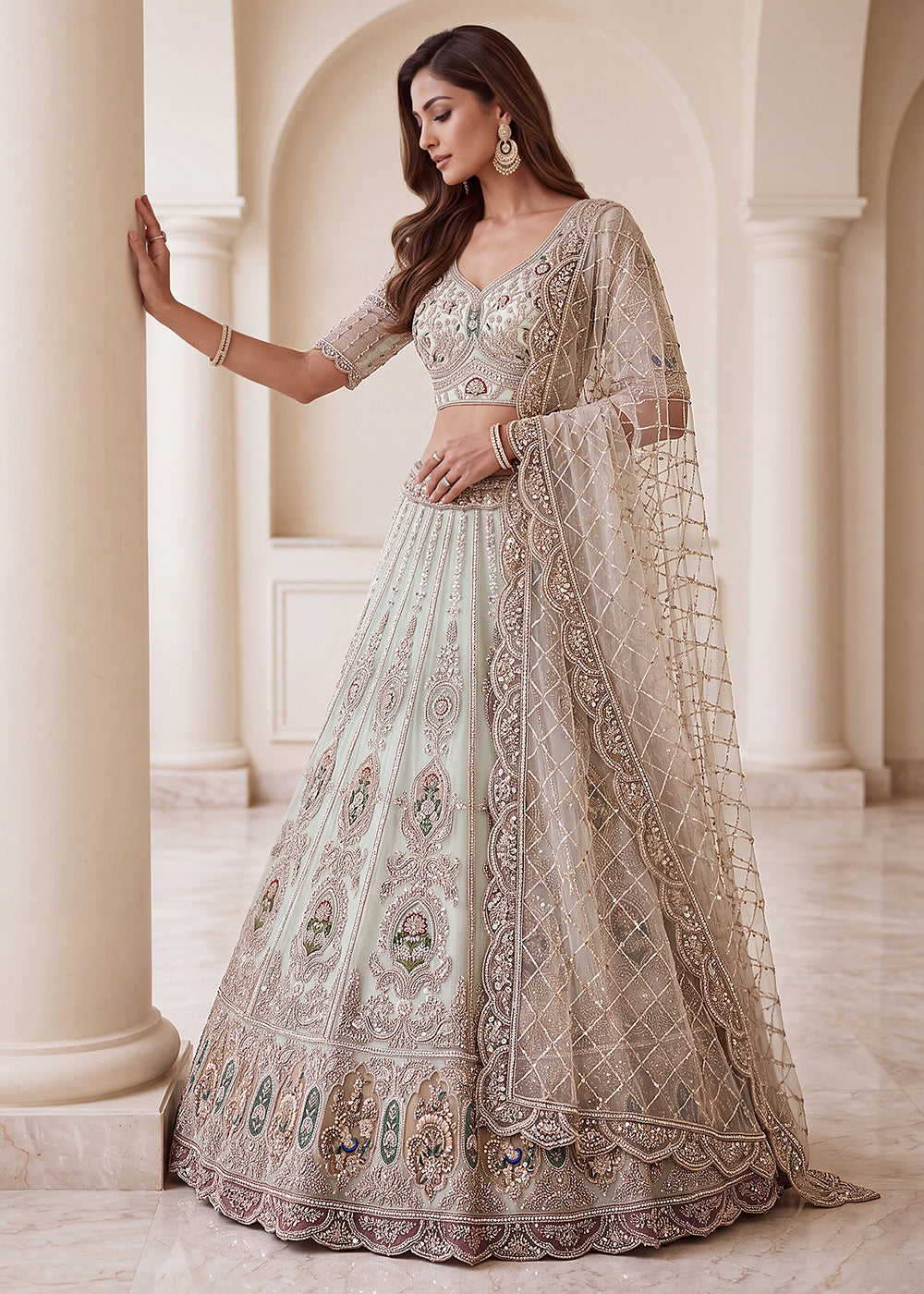 Buy Now Appealing Blue Net Heavy Embroidered Bridal Lehenga Choli Online in US, UK, Canada, France, Italy, Germany, Sweden, Austria, UAE &amp; Worldwide at Empress.
