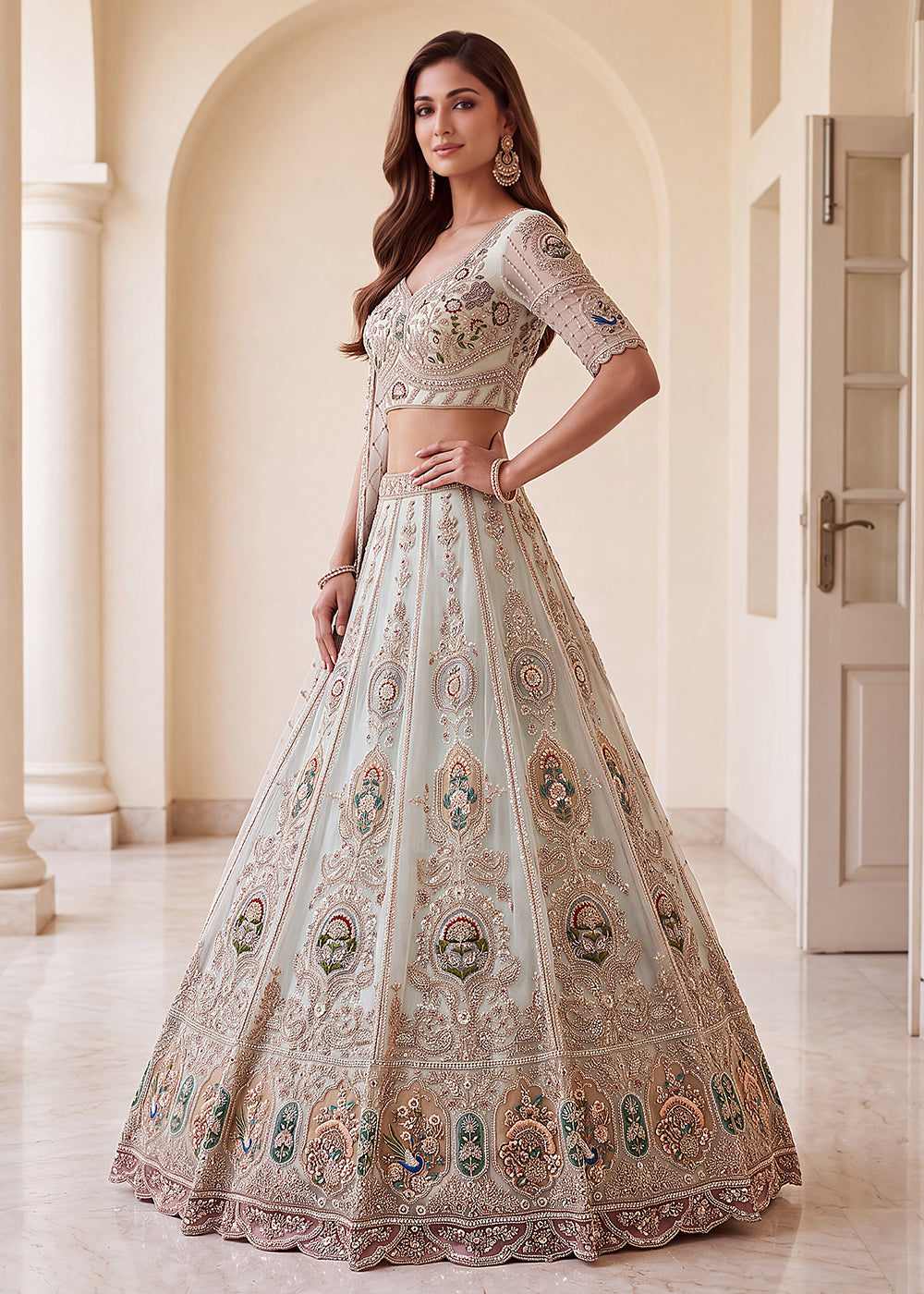 Buy Now Appealing Blue Net Heavy Embroidered Bridal Lehenga Choli Online in US, UK, Canada, France, Italy, Germany, Sweden, Austria, UAE &amp; Worldwide at Empress.
