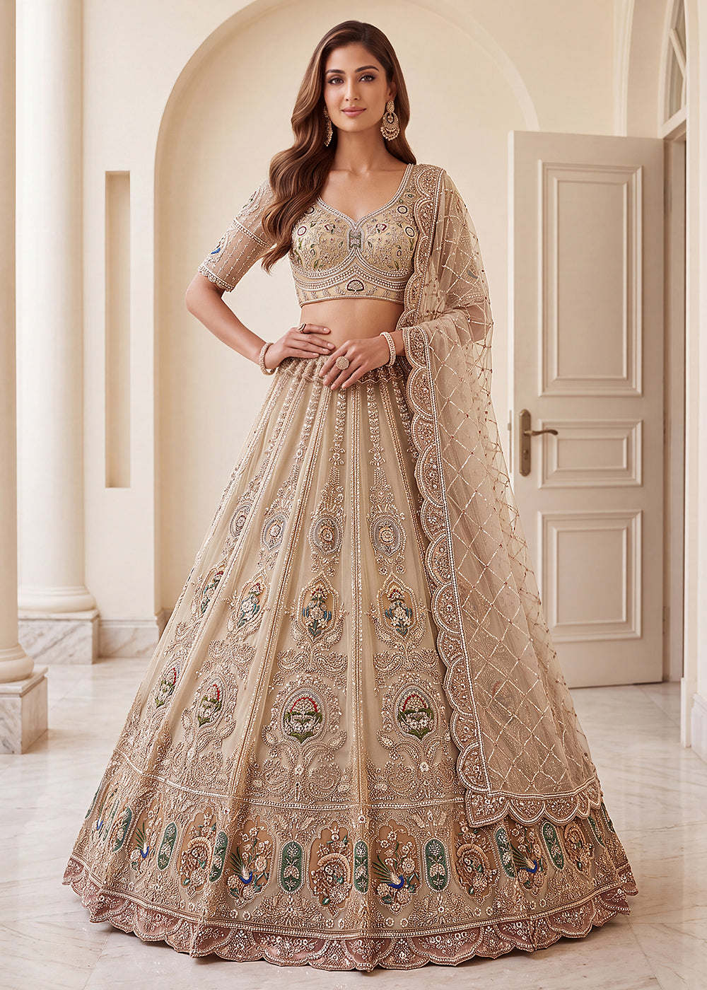 Buy Now Appealing Green Net Heavy Embroidered Bridal Lehenga Choli Online in US, UK, Canada, France, Italy, Germany, Sweden, Austria, UAE &amp; Worldwide at Empress.