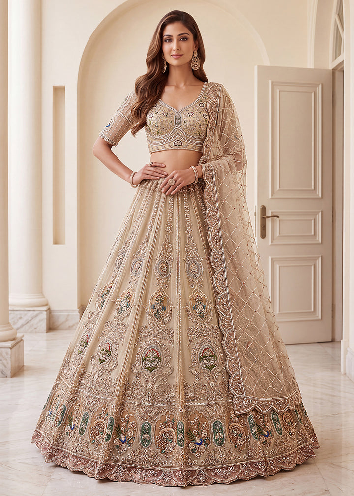 Buy Now Appealing Green Net Heavy Embroidered Bridal Lehenga Choli Online in US, UK, Canada, France, Italy, Germany, Sweden, Austria, UAE &amp; Worldwide at Empress.