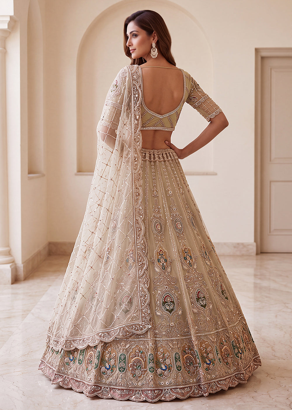 Buy Now Appealing Green Net Heavy Embroidered Bridal Lehenga Choli Online in US, UK, Canada, France, Italy, Germany, Sweden, Austria, UAE &amp; Worldwide at Empress.