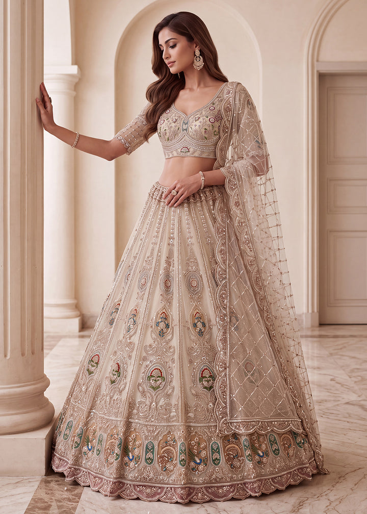 Buy Now Appealing Green Net Heavy Embroidered Bridal Lehenga Choli Online in US, UK, Canada, France, Italy, Germany, Sweden, Austria, UAE &amp; Worldwide at Empress.