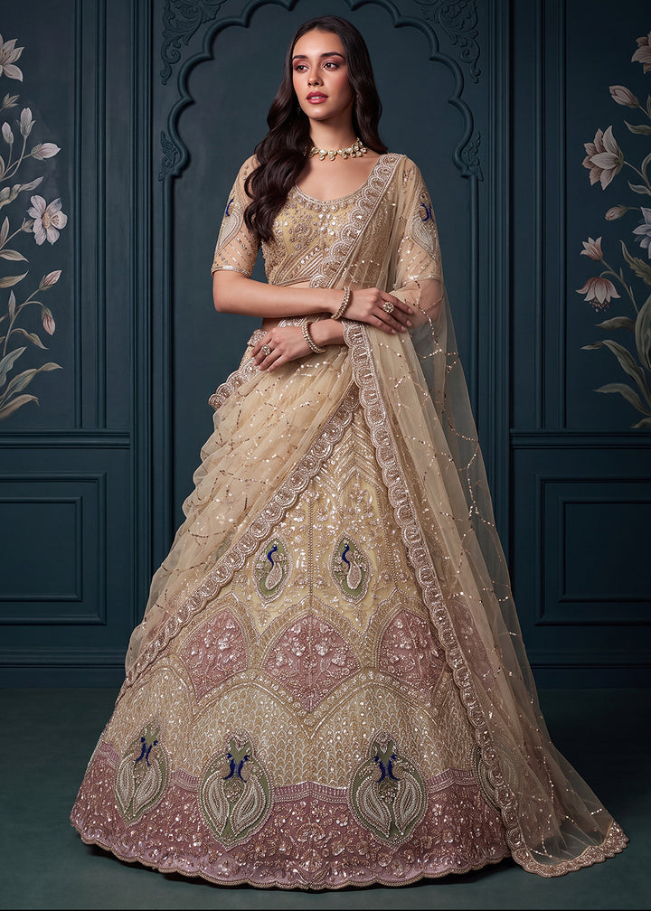 Buy Now Beige Peacock Handwork Designer Wedding Lehenga Choli Online in US, UK, Canada, France, Italy, Germany, Sweden, Australia, UAE &amp; Worldwide at Empress.