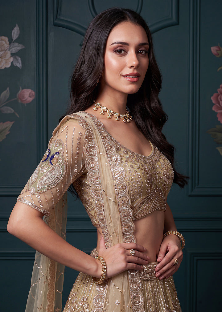 Buy Now Beige Peacock Handwork Designer Wedding Lehenga Choli Online in US, UK, Canada, France, Italy, Germany, Sweden, Australia, UAE &amp; Worldwide at Empress.