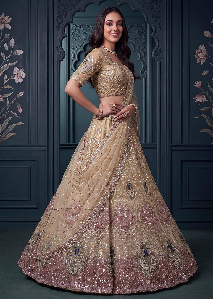 Buy Now Beige Peacock Handwork Designer Wedding Lehenga Choli Online in US, UK, Canada, France, Italy, Germany, Sweden, Australia, UAE &amp; Worldwide at Empress.