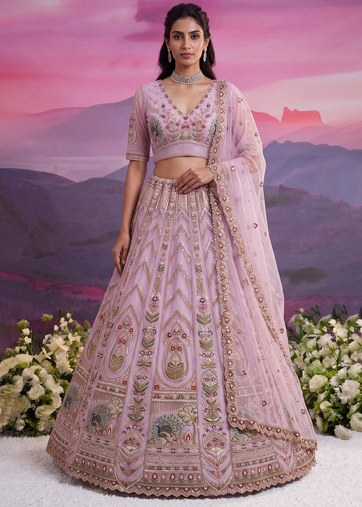 Buy Now Peacock Pattern Motif Pink Designer Wedding Lehenga Choli Online in US, UK, Canada, France, Italy, Germany, Sweden, Denmark, UAE &amp; Worldwide at Empress.